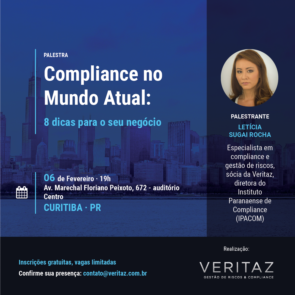 Convite para palestra de compliance da Letícia Sugai e Veritaz